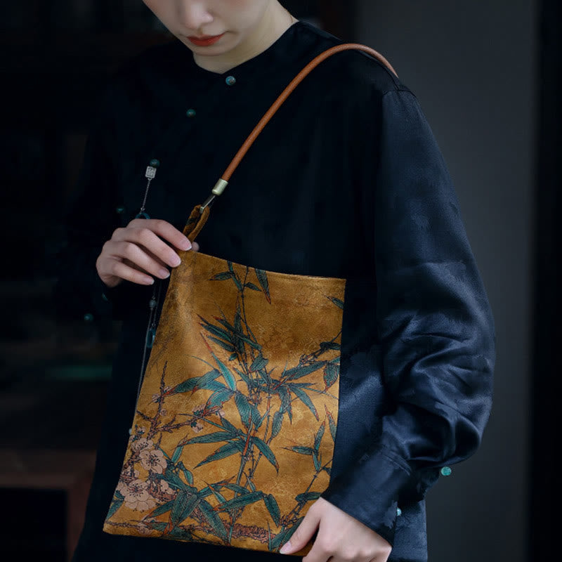 Nimara Ritual Bamboo Leaves Flower Butterfly Persimmon Shoulder Bag Handbag
