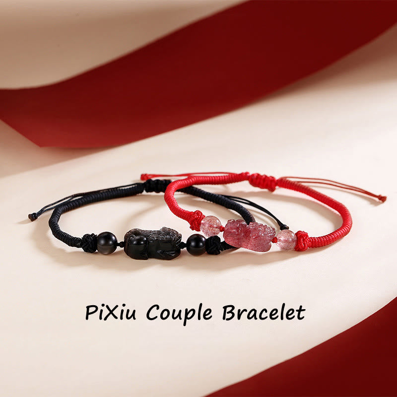 Nimara Ritual Handmade Natural Silver Sheen Obsidian Strawberry Quartz PiXiu Protection Braided Bracelet