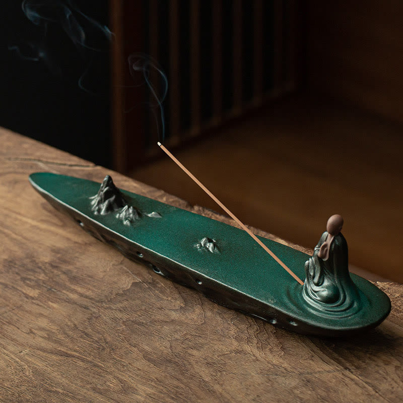 Nimara Ritual Buddha Monk Ceramic Sea Wave Mountain Blessing Incense Burner Decoration