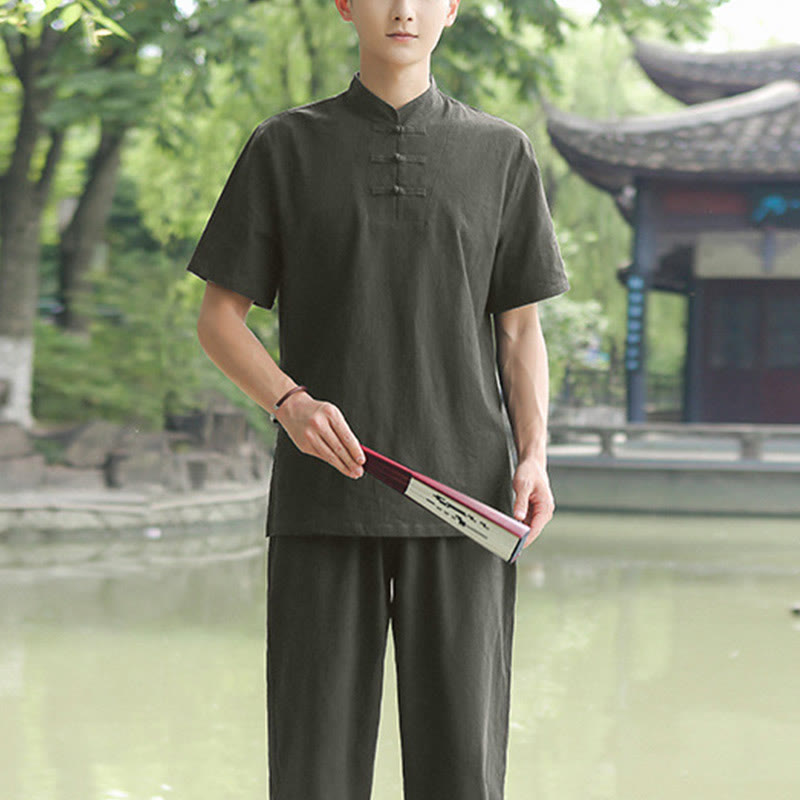 Nimara Ritual 2Pcs Men's Short Sleeve Shirt Top T-Shirt Pants Meditation Zen Tai Chi Cotton Linen Clothing Set