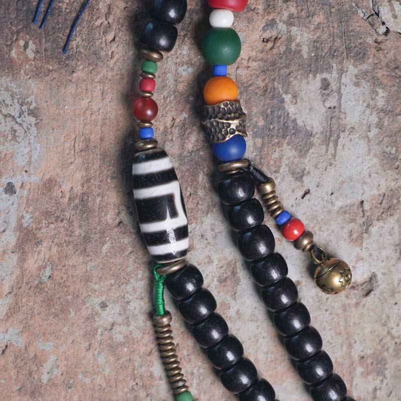 Nimara Ritual 108 Beads Mala Ebony Wood Dzi Bead Copper Balance Tassel Bracelet