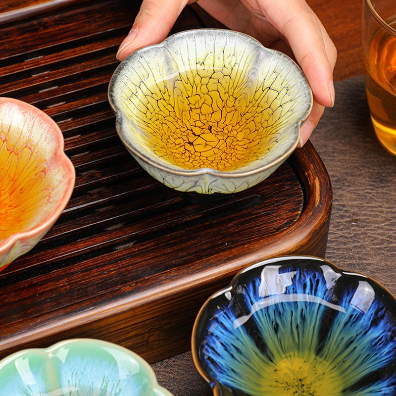 Nimara Ritual 6Pcs Plum Blossom Petal Pattern Chinese Jianzhan Kiln Change Ceramic Teacup Kung Fu Tea Cup Bowl With Gift Box