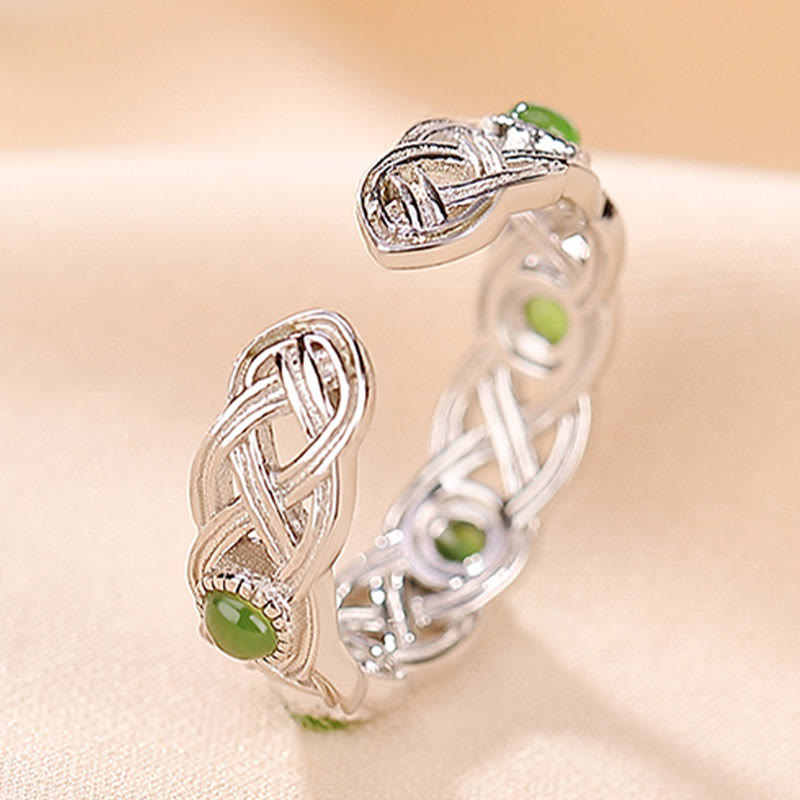 Nimara Ritual 925 Sterling Silver Plated Gold Cyan Jade Braided Design Success Luck Adjustable Ring