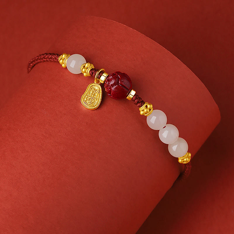 Nimara Ritual 24K Gold Plated Hetian White Jade Cinnabar Lotus Luck Rope Bracelet