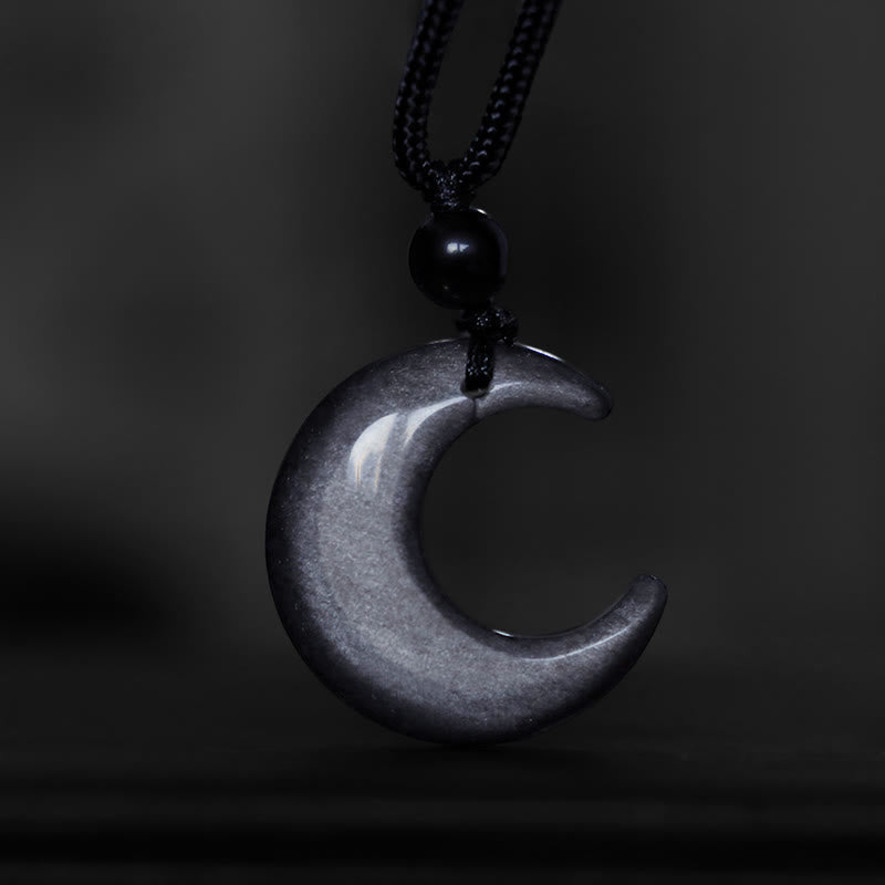 Nimara Ritual Natural Silver Sheen Obsidian Selenite Crystal Crescent Moon Yin Yang Couple Protection Necklace Pendant