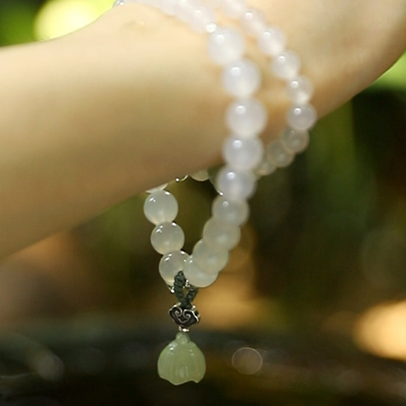 Nimara Ritual White Agate Jade Lotus Protection Bracelet