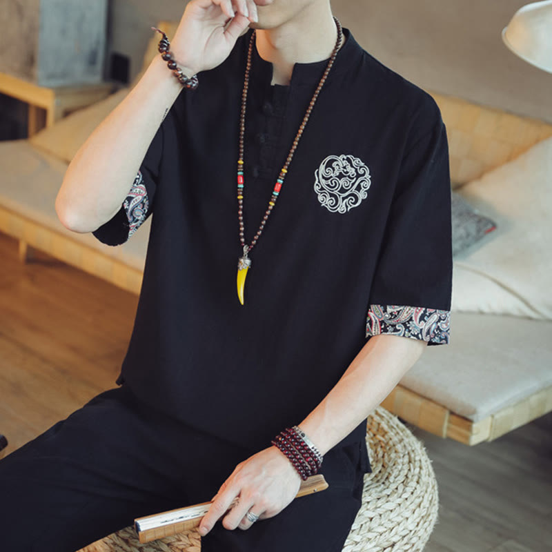 Nimara Ritual Frog-Button Dragon Embroidery Chinese Tang Suit Short Sleeve Shirt Men Clothing