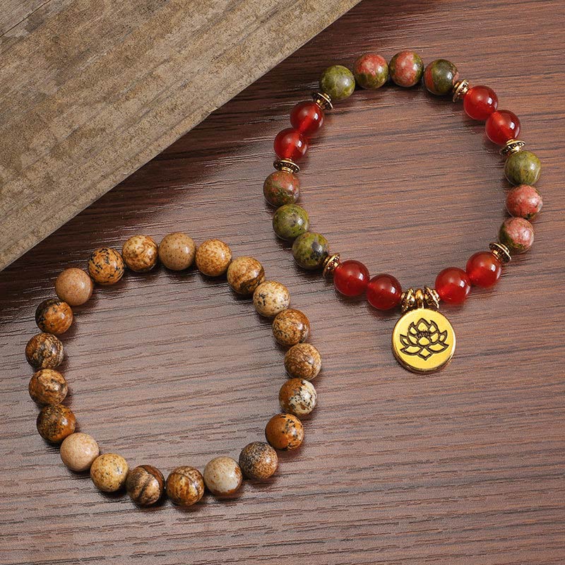 Nimara Ritual Tibetan Picture Jasper Positive Lotus Bracelet Set