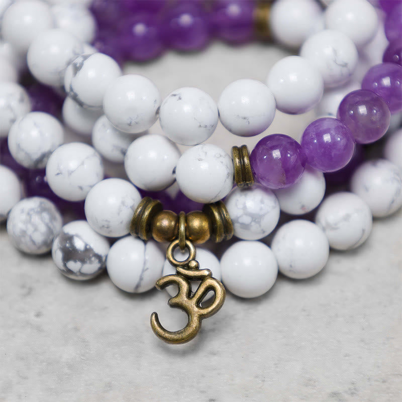 Nimara Ritual 108 Mala Beads Amethyst White Turquoise OM Healing Meditation Energy Bracelet