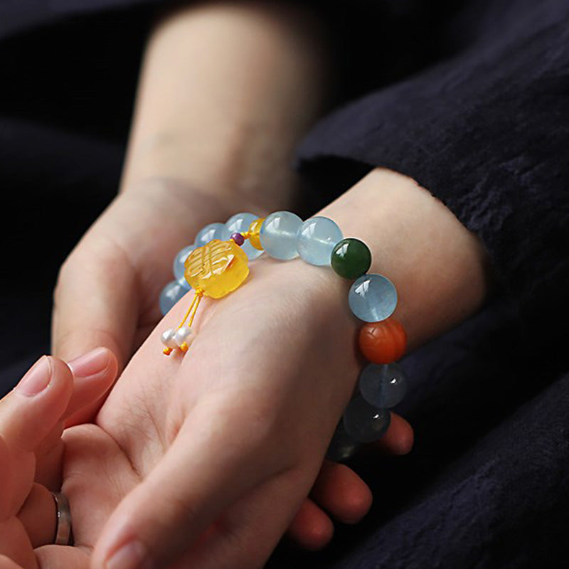 Nimara Ritual Natural Aquamarine Amber Chinese Knotting Charm Peace Bracelet