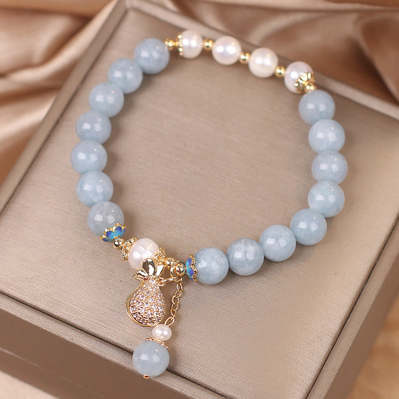 Nimara Ritual Aquamarine Pearl Fortune Money Bag Charm Bracelet