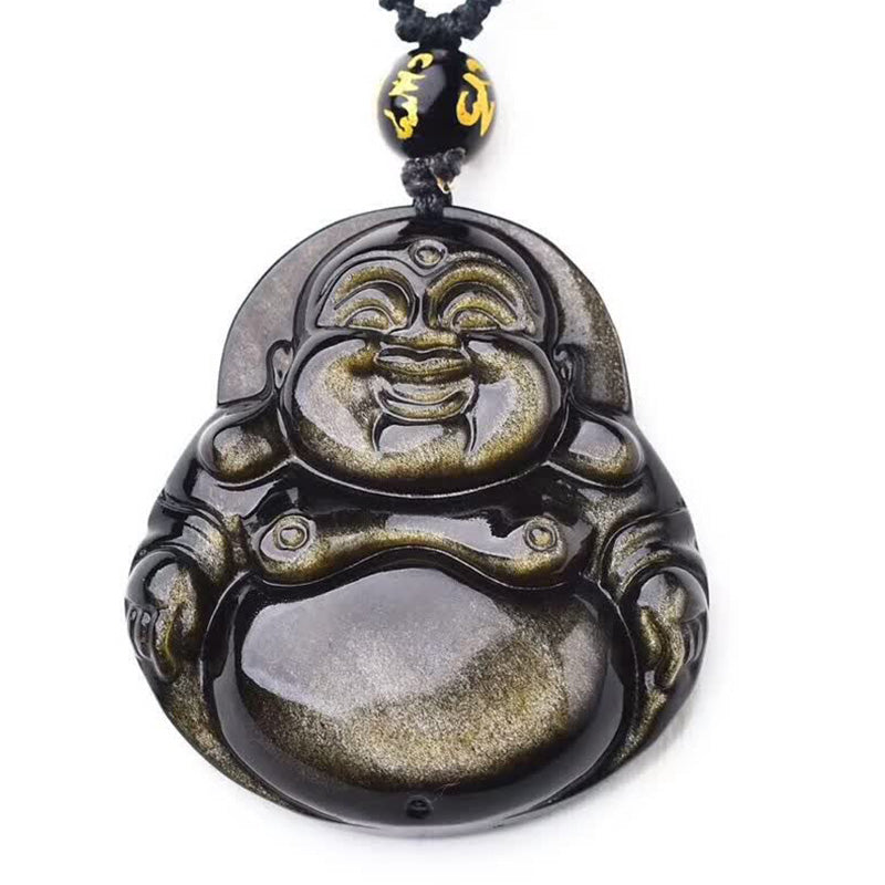 Nimara Ritual Laughing Buddha Gold Sheen Obsidian Wealth Necklace Pendant