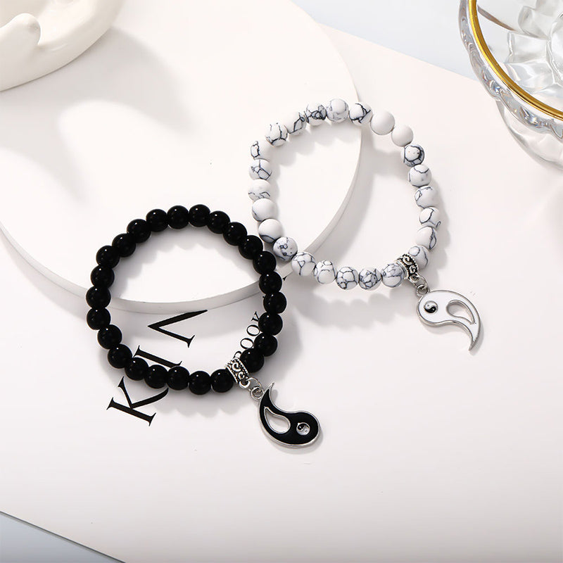 Nimara Ritual 2Pcs Black Onyx White Turquoise Bead Yin Yang Protection Couple Bracelet