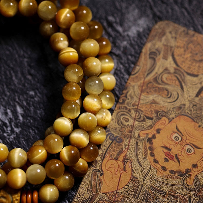 Nimara Ritual 108 Mala Beads Natural Tiger Eye Copper Dorje Protection Tassel Bracelet