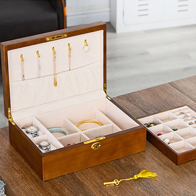 Nimara Ritual Vintage Wooden Jewelry Box Two-Layer Solid Wood Jewelry Storage Box