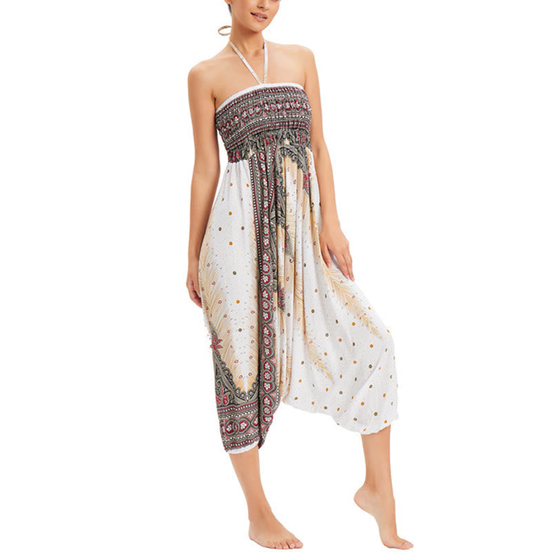 Nimara Ritual Two Style Wear Peacock Feather Loose Smocked Harem Trousers Jumpsuit High Waist Pants