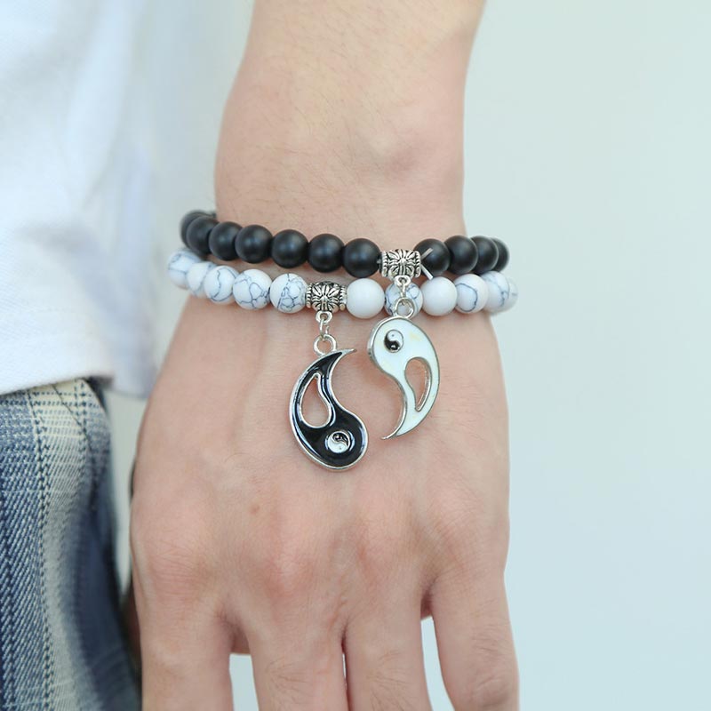 Nimara Ritual 2pcs Natural Black Onyx White Turquoise Bead Yin Yang Couple Bracelet