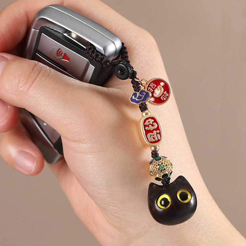 Nimara Ritual Ebony Wood Lucky Cat Auspicious Cloud Peace Key Chain Phone Hanging Decoration