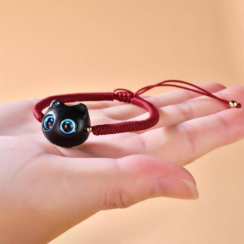 Nimara Ritual Ebony Wood Cat Head Pattern Peace King Kong Knot Braided Bracelet
