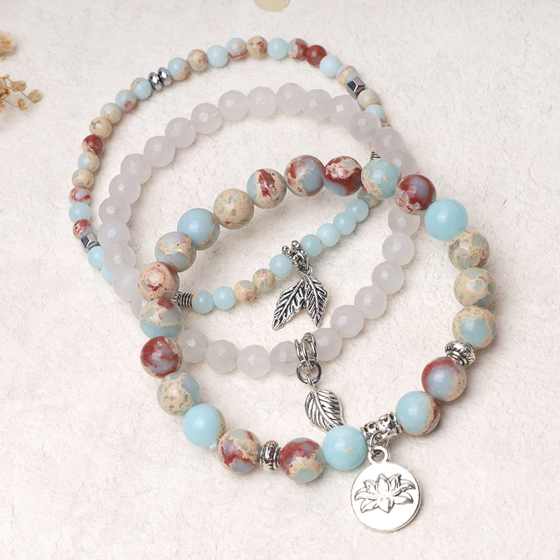 Nimara Ritual 3PCS Natural Quartz Crystal Beaded Healing Energy Lotus Bracelet