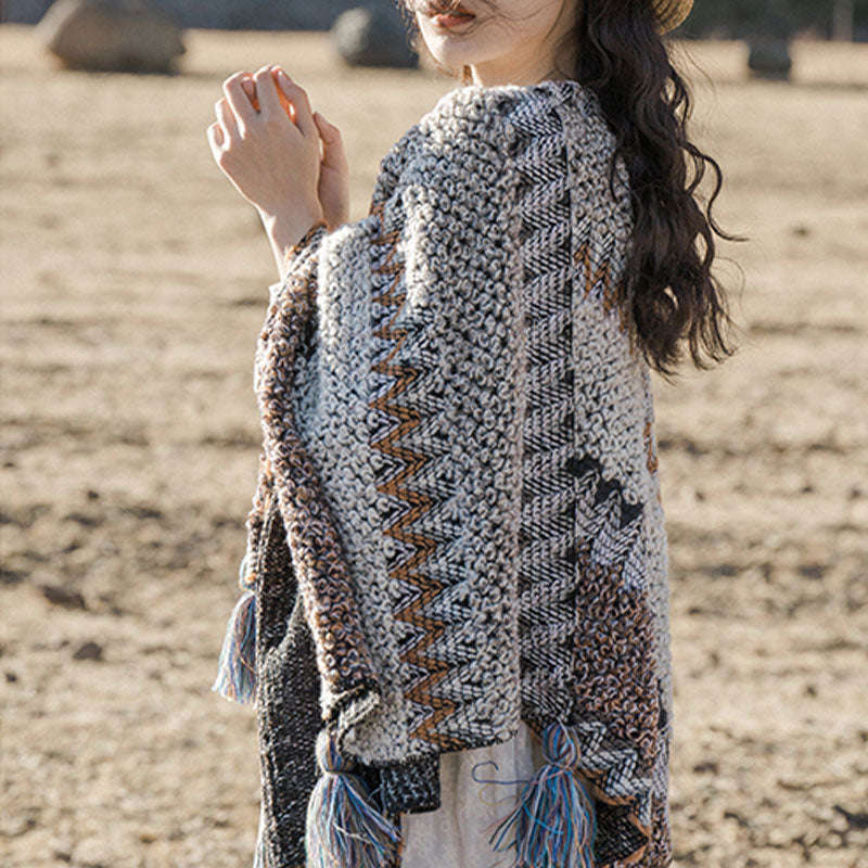 Nimara Ritual Tibetan Shawl Gray Brown Striped Knitted Tassels Winter Cozy Travel Scarf Wrap