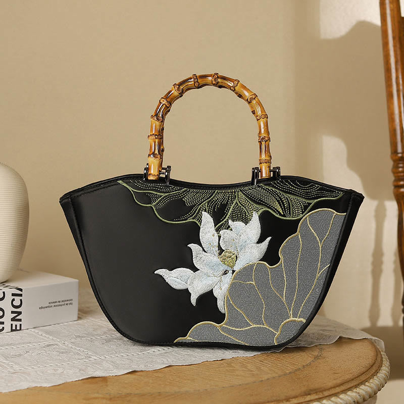 Nimara Ritual Lotus Embroidery Bamboo Handle Handbag