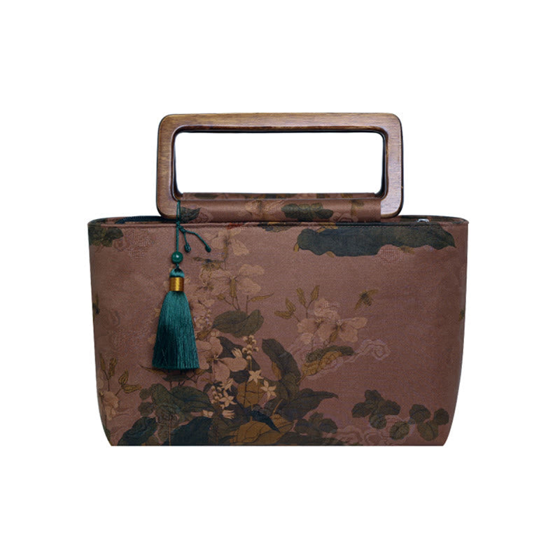 Nimara Ritual Vintage Brown Flowers Green Bamboo Leaves Wood Handles Zipper Handbag