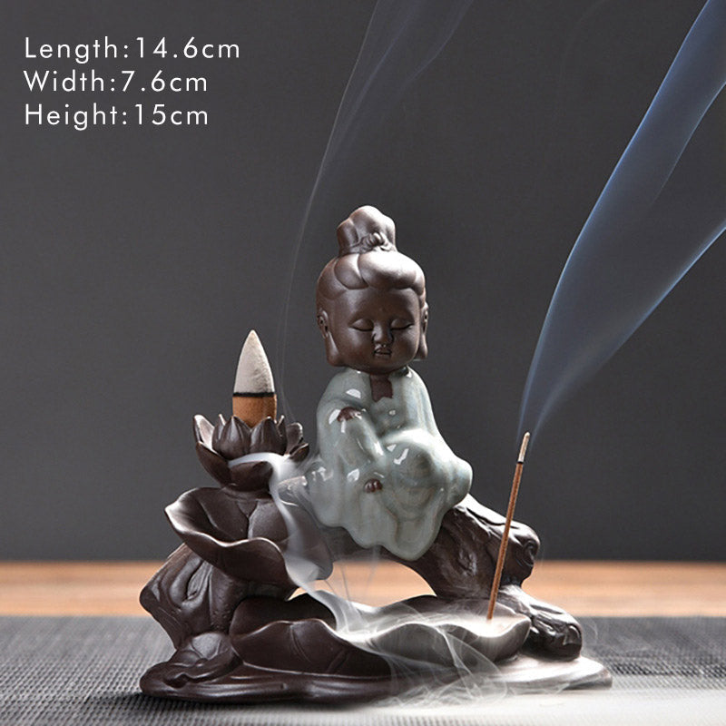 Nimara Ritual Little Monk Ceramic Lotus Blessing Incense Burner Decoration