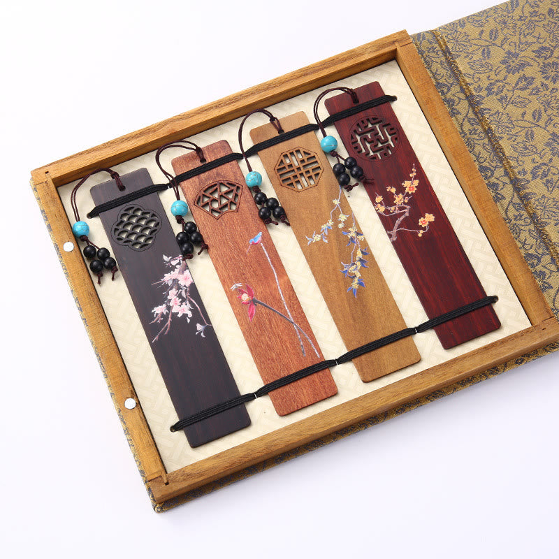 Nimara Ritual 4Pcs Four Seasons Plum Orchid Bamboo Chrysanthemum Peking Opera Mask Wood Bookmarks With Gift Box