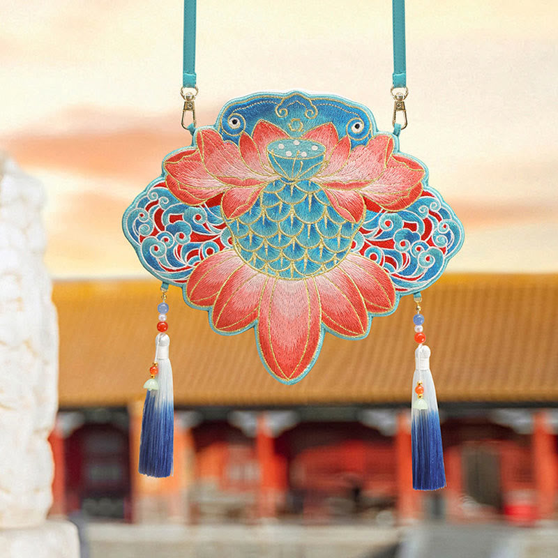 Nimara Ritual Luck Embroidery Lotus Koi Fish Rabbit Flower Hanfu Bag Crossbody Bag Shoulder Bag