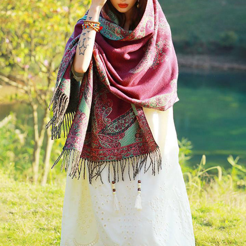 Nimara Ritual Tibetan Vine Leaves Pattern Design Shawl Cozy Travel Scarf Wrap