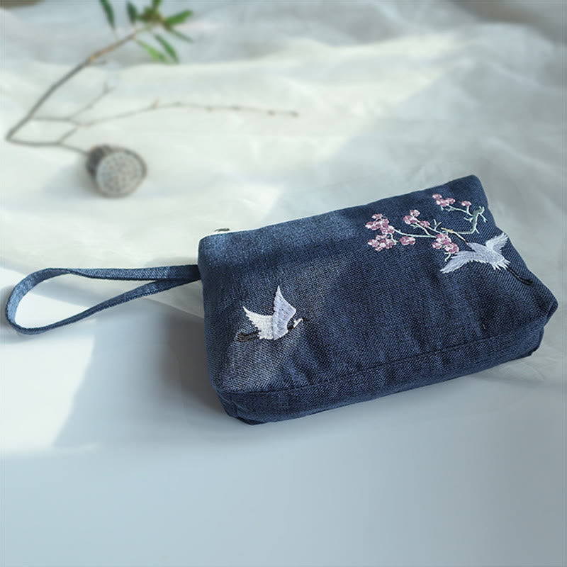 Nimara Ritual Small Flower Plum Cherry Crane Peach Blossom Embroidery Canvas Wallet Shopping Purse