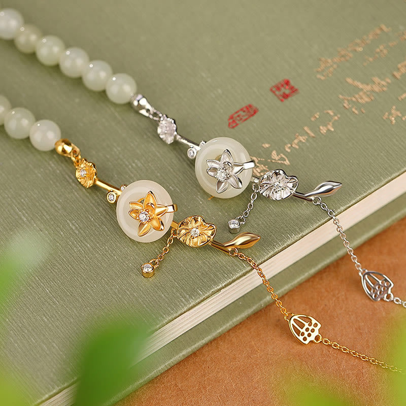 Nimara Ritual 925 Sterling Silver Hetian Jade Peace Buckle Lotus Luck Chain Bracelet