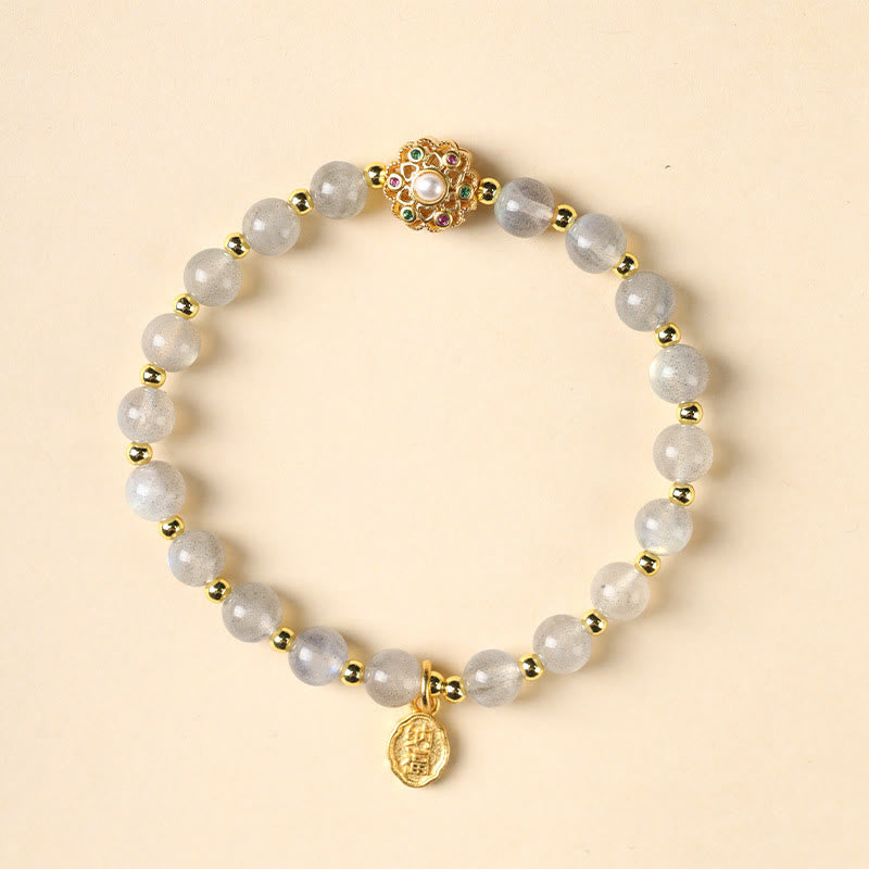 Nimara Ritual 14K Gold Plated Natural Strawberry Quartz Labradorite Sun Stone Fu Character Positive Charm Bracelet