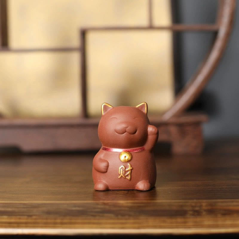 Nimara Ritual Mini Lucky Cat Wealth Tea Pet Purple Clay Figurine Decoration