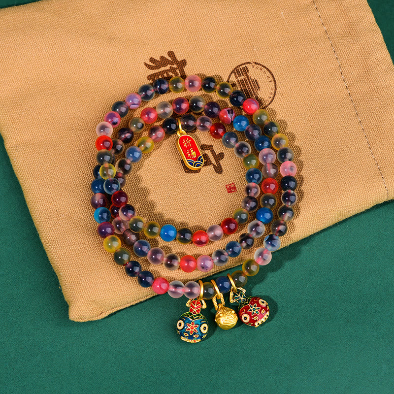 Nimara Ritual Colorful Candy Agate Gold Swallowing Beast Family Strength Charm Triple Wrap Bracelet