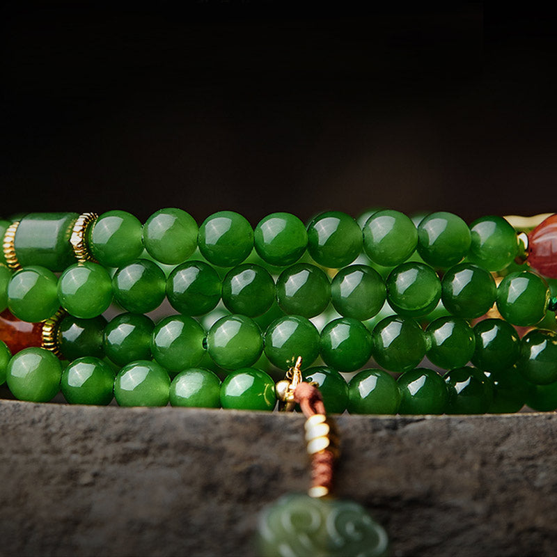 Nimara Ritual 108 Mala Beads Cyan Jade Red Agate Laughing Buddha Luck Bracelet