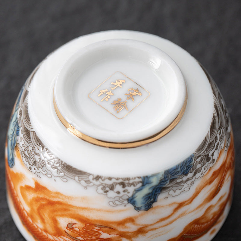Nimara Ritual Dragon Phoenix Crane Sun Ocean Waves Gilt Ceramic Teacup Kung Fu Tea Cup 170ml