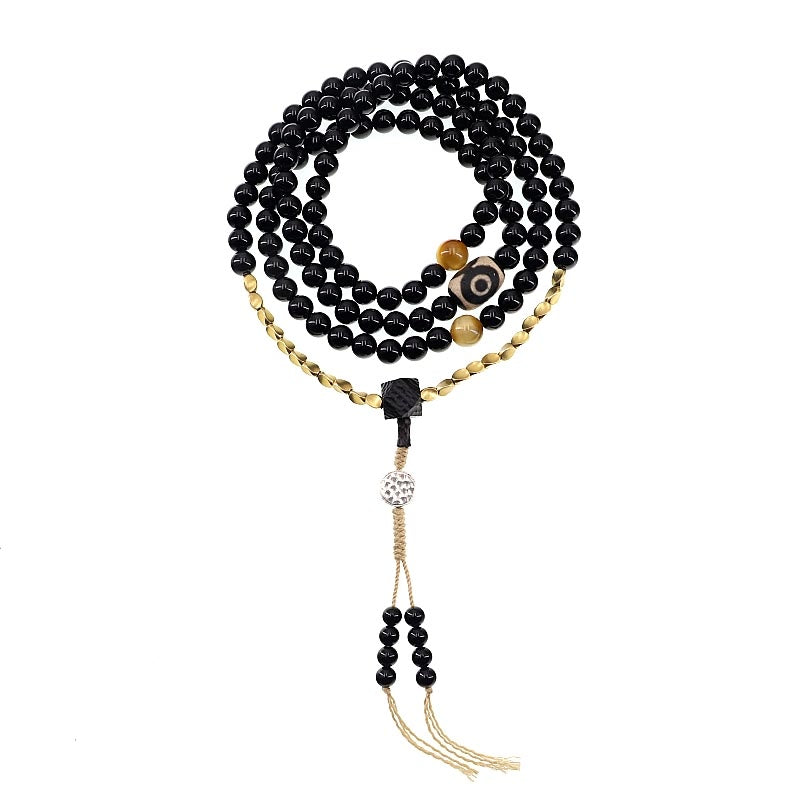 Nimara Ritual Tibetan 108 Mala Beads Black Onyx Three-eyed Dzi Beads Protection Bracelet