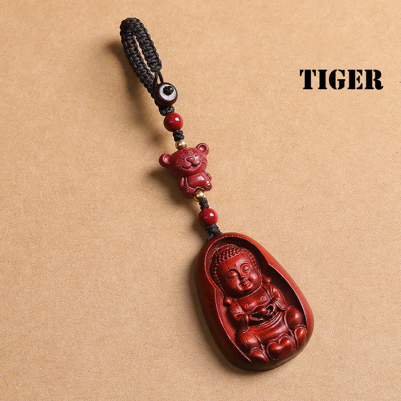 Nimara Ritual Small Leaf Red Sandalwood Buddha Cinnabar Chinese Zodiac Amulet Protection Key Chain
