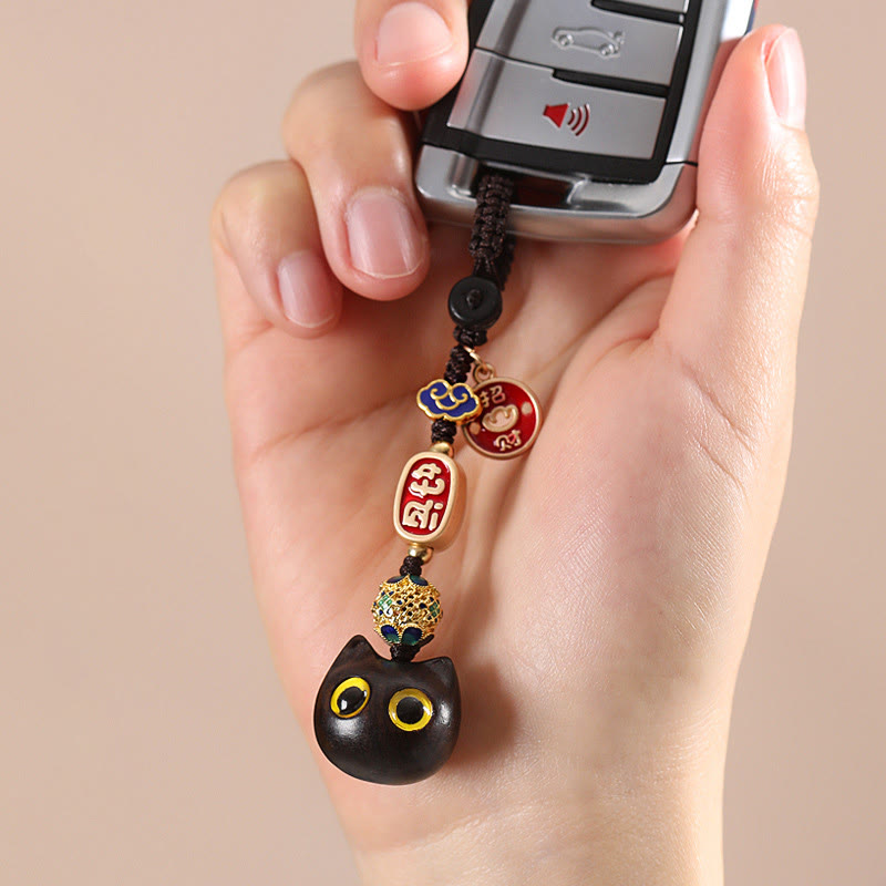 Nimara Ritual Ebony Wood Lucky Cat Auspicious Cloud Peace Key Chain Phone Hanging Decoration