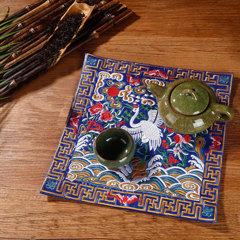 Nimara Ritual Crane Phoenix Dragon Kirin Embroidered Cup Mat Pad Tea Cup Coaster Square Kung Fu Tea Mat