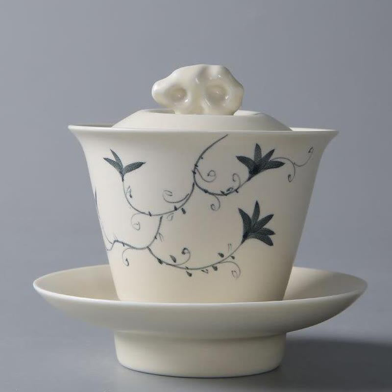 Nimara Ritual Hand Painted Pomegranate Hibiscus Pine Lotus Ceramic Gaiwan Sancai Teacup Kung Fu Tea Cup And Saucer With Lid