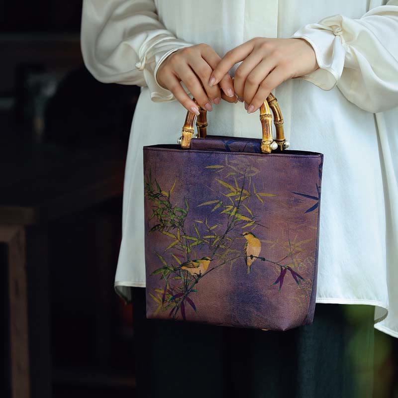 Nimara Ritual Purple Magpie Birds Branches Bamboo Handles Handbag