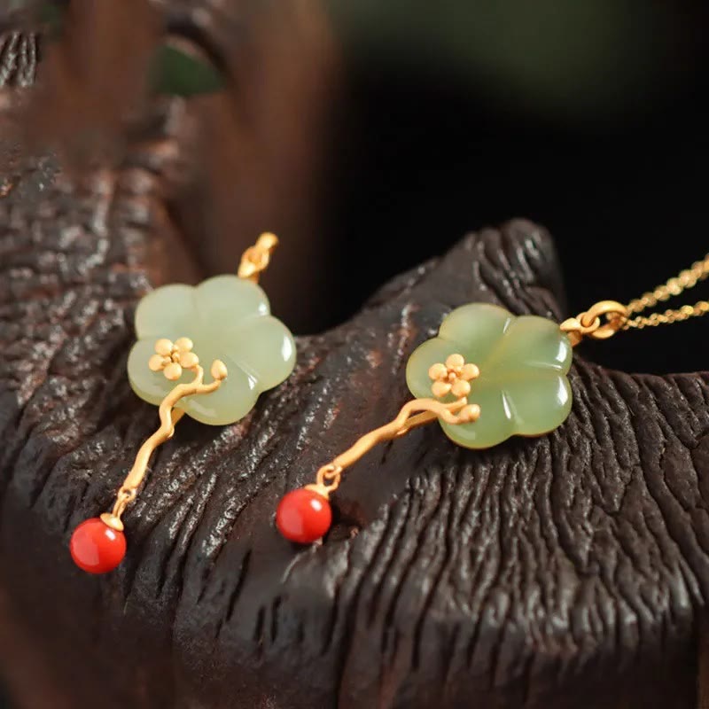 Nimara Ritual Vintage Plum Blossom Flower Jade Red Agate Prosperity Necklace Pendant