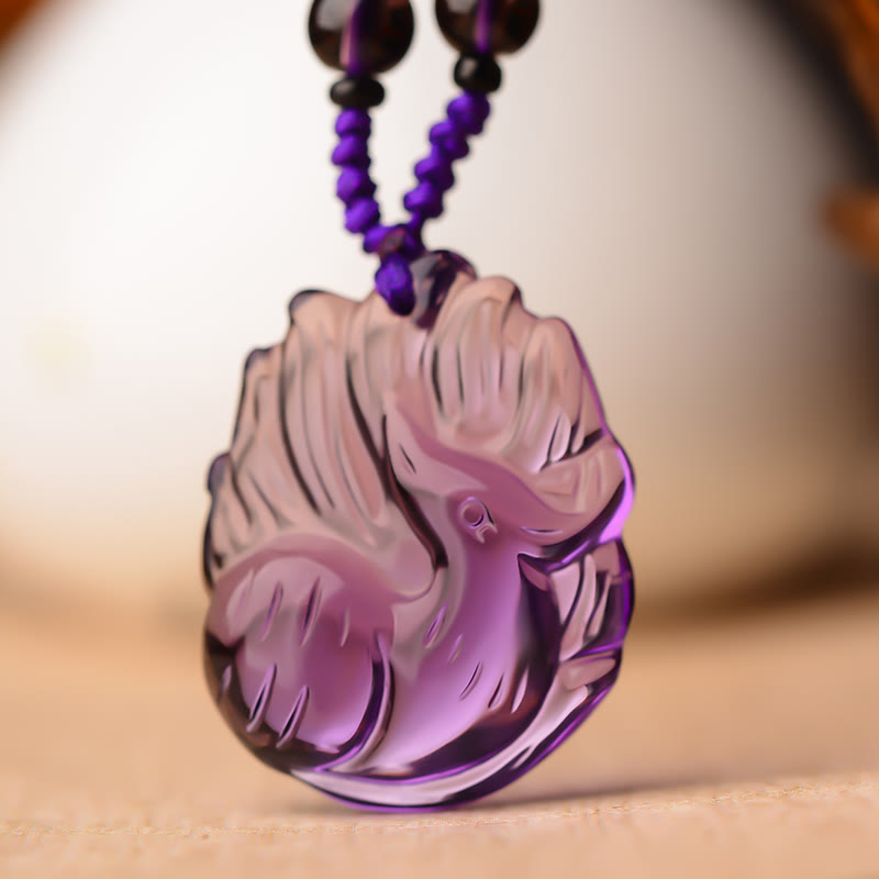 Nimara Ritual Natural Amethyst White Crystal Citrine Nine Tailed Fox Luck Necklace Pendant