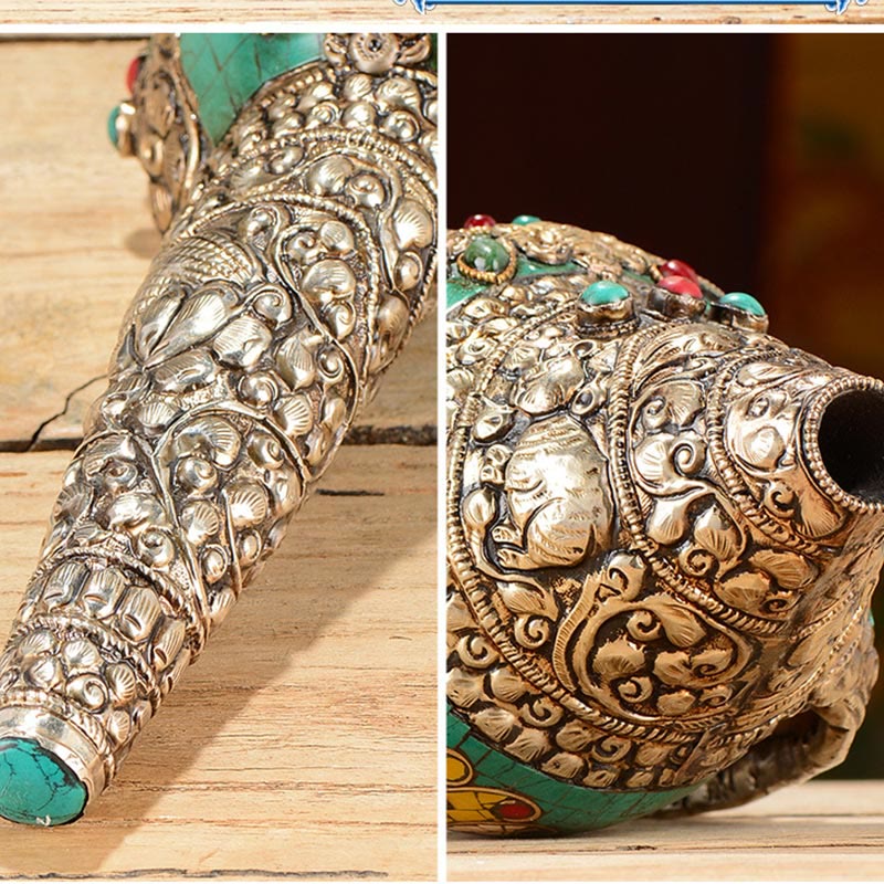 Nimara Ritual Tibetan Handmade Engraved Shankha Double Dorje Buddha Conch Shell Wealth Positive Decoration