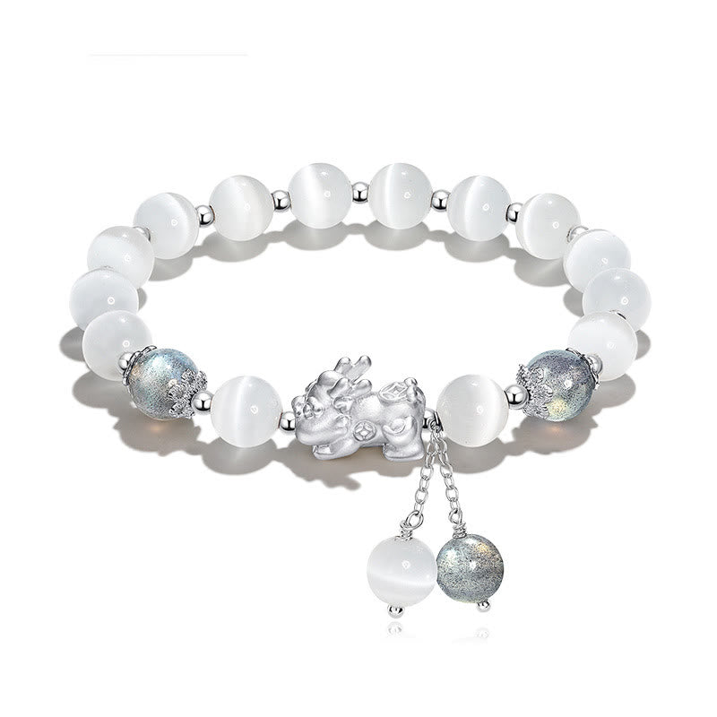 Nimara Ritual Natural Cat's Eye Moonstone Strawberry Quartz PiXiu Support Bracelet