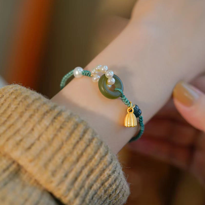 Nimara Ritual Natural Hetian Jade Peace Buckle Pearl Luck Handcrafted Braided Bracelet