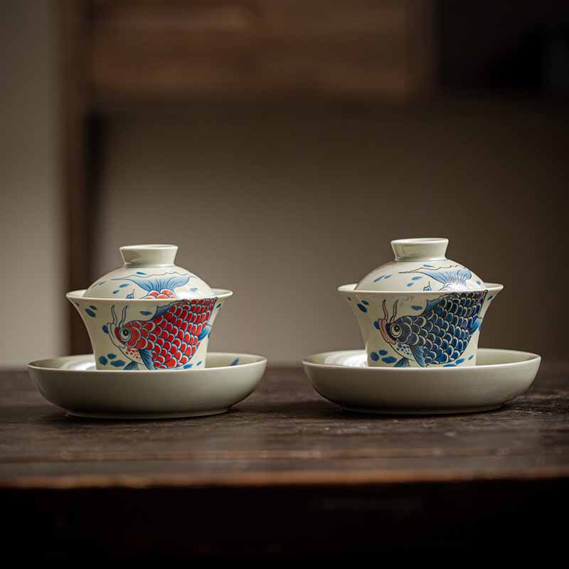 Nimara Ritual Koi Fish Arowana Ceramic Gaiwan Sancai Teacup Kung Fu Tea Cup With Lid 130ml